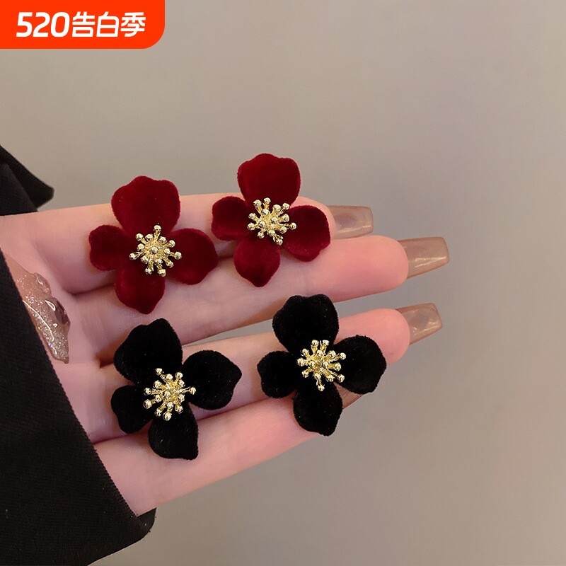 925银针丝绒花朵耳环高级感轻奢耳钉气质高级大气秋冬红色耳饰女