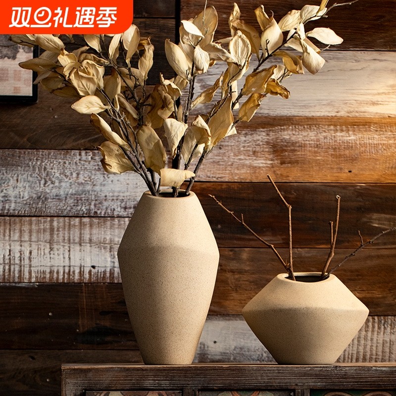 景德镇复古素胚陶瓷花瓶新中式风格家居客厅装饰摆件干花粗陶花器