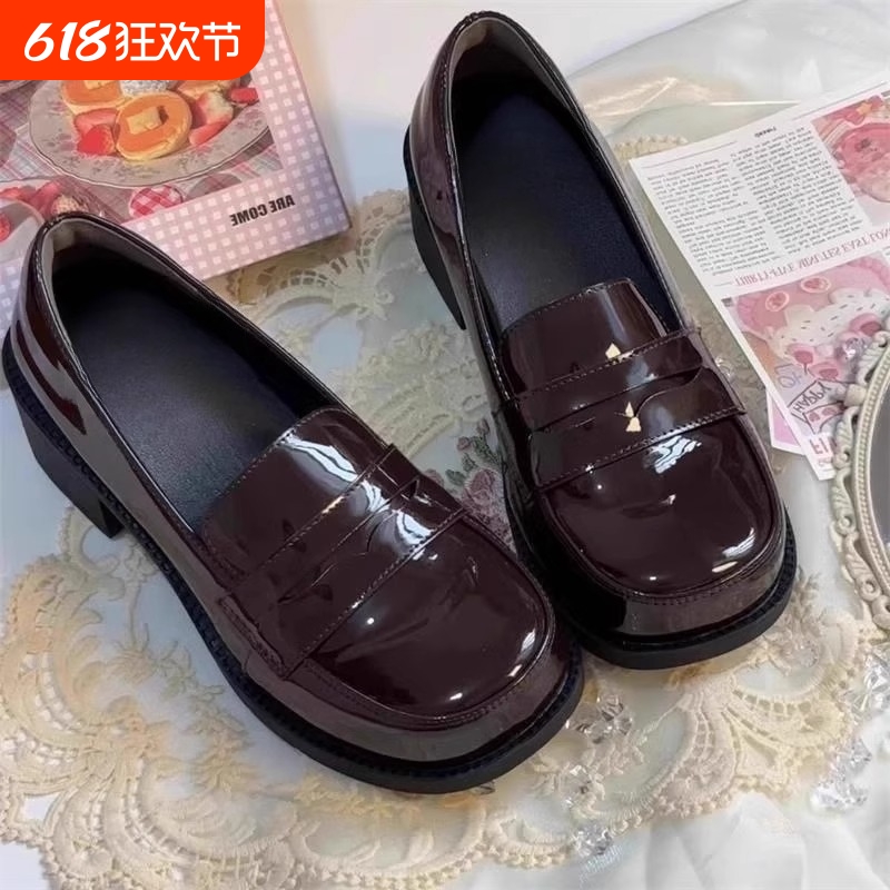 京泽高校木马原创黑色小方头jk制服鞋高跟学院风小皮鞋中跟单鞋女