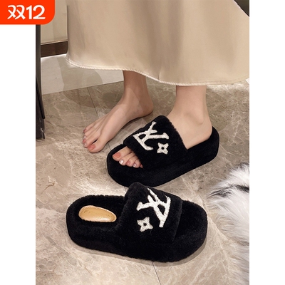 小香风毛毛拖鞋女秋冬外穿加绒厚底2025新款高级感棉拖鞋毛绒黑色