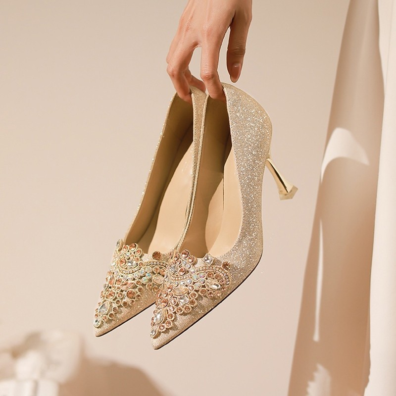 小众高级感水钻婚鞋女法式细闪亮片高跟鞋18岁成人礼绝美水晶单鞋