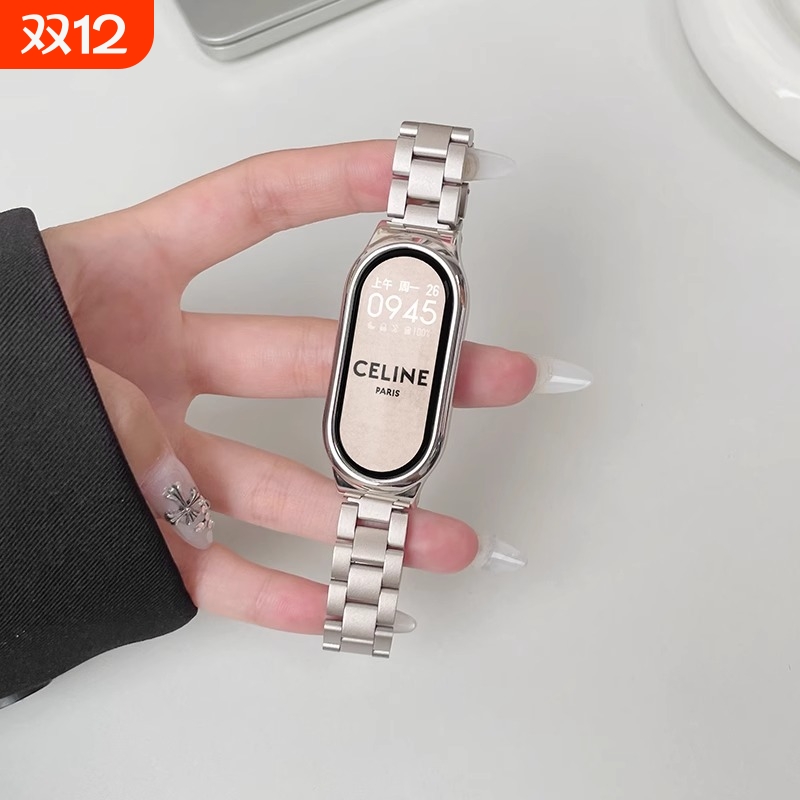 适用小米手环9/10表带8nfc版新款细款小三珠金属不锈钢钢带智能运动八九十男女高级感金属表链替换带配件通用