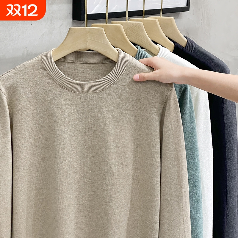 加绒加厚毛衣针织衫男内搭秋冬宽松圆领保暖爸爸打底毛衫线衣红色