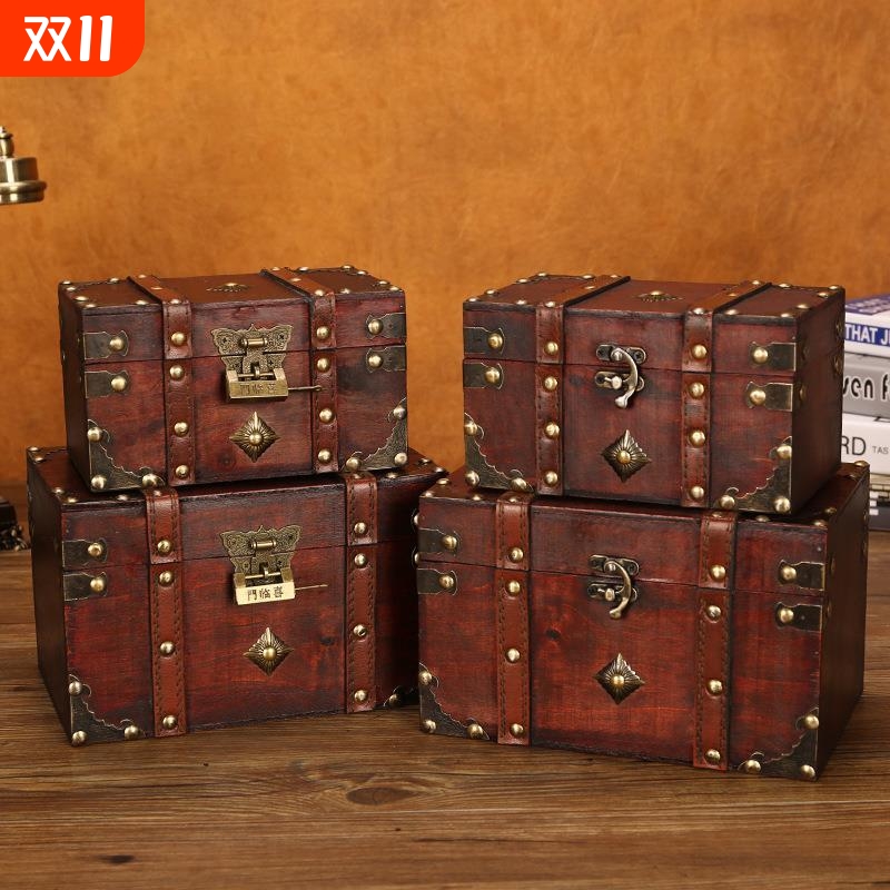 欧式复古木质带锁收纳盒家居储物箱木箱子装饰摆件密室逃脱道具箱