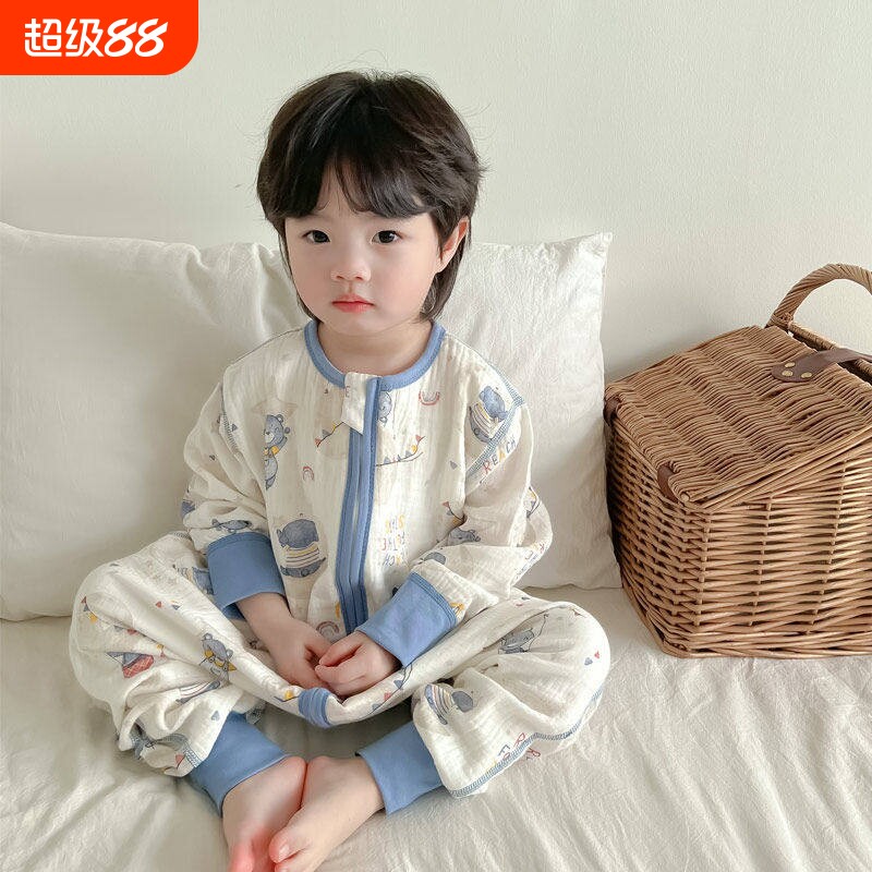 无骨睡袋婴儿春秋纯棉双层纱布宝宝连体睡衣秋季儿童四季男童夏季