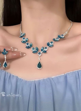 【冰萃海蓝】闪钻蓝色水滴项链耳钉套装气质千金感锁骨链颈链配饰