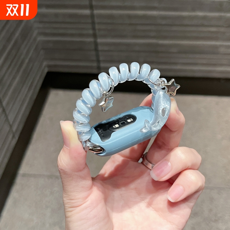 电话线发圈适用小米手环10/9/8表带弹力小海豚手表链新款女10陶瓷版夏天透气腕带智能运动手环替换带数码配件