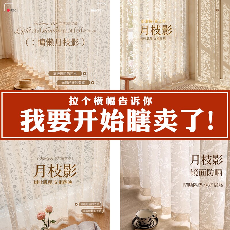 月枝影纱帘窗帘法式2026新款清仓特价客厅阳台窗纱透光不透人遮光
