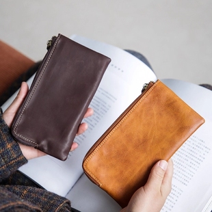真皮长款钱包女士复古手拿包拉链手拿零钱超薄卡包收纳包大容量