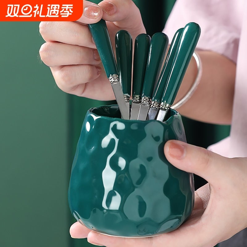 陶瓷水果叉高级感家用吃水果叉子不锈钢管甜品叉套装创意桌上摆件