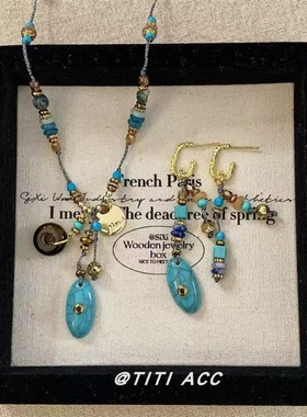 波西米亚手工编绳项链独特高级感绿色串珠吊坠耳环毛衣链女锁骨链