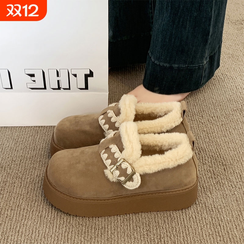 厚底勃肯鞋女鞋子2025新款冬季加绒面包鞋外穿毛毛棉鞋保暖雪地靴