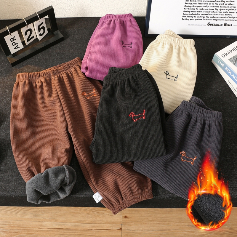 男童裤子加绒加厚女童秋冬季婴儿灯芯绒儿童宝宝保暖运动长裤紫色