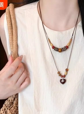 复古木质串珠吊坠项链女小众设计感民族风配饰时尚长款百搭毛衣链