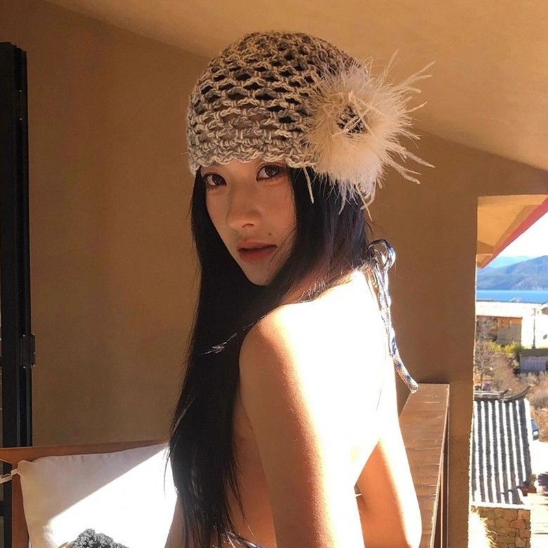 法式羽毛针织帽子女大头围显脸小包头帽手工编织镂空钩花堆堆帽子