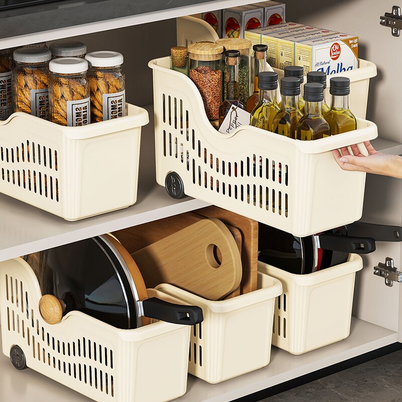 调料锅具收纳盒带轮厨房橱柜整理盒滚轮收纳神器拉篮储物盒置物架
