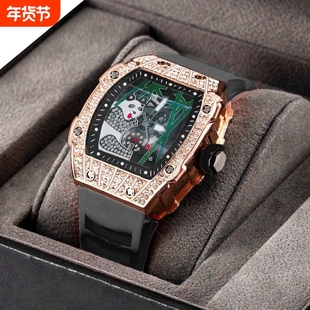 2025欧美满钻男士石英表休闲时尚酒桶形手表理查德镶钻镂空男表