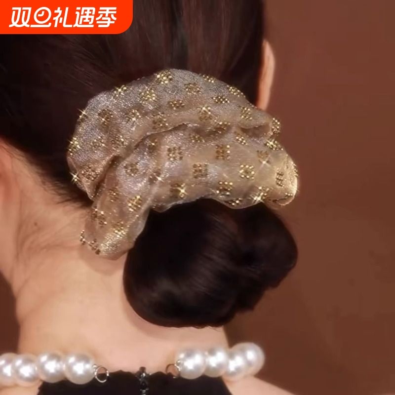 发圈韩版优雅法式手工格子烫钻高级感高马尾丸子头气质皮筋女轻奢
