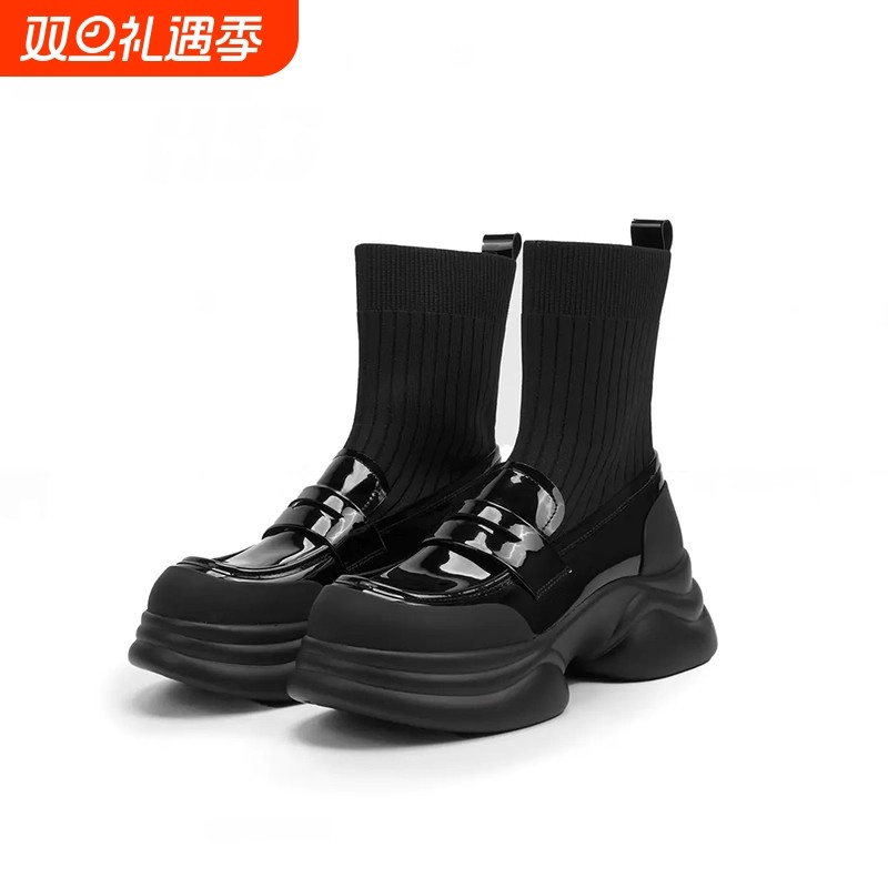 2025新款厚底袜靴女圆头显瘦弹力靴百搭拼接瘦瘦靴6.5CM高跟