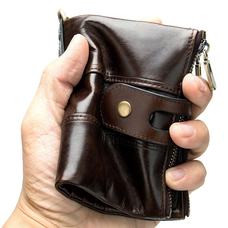 真皮钱包2折RFID wallet零钱包头层牛皮拉链链条钱夹男士