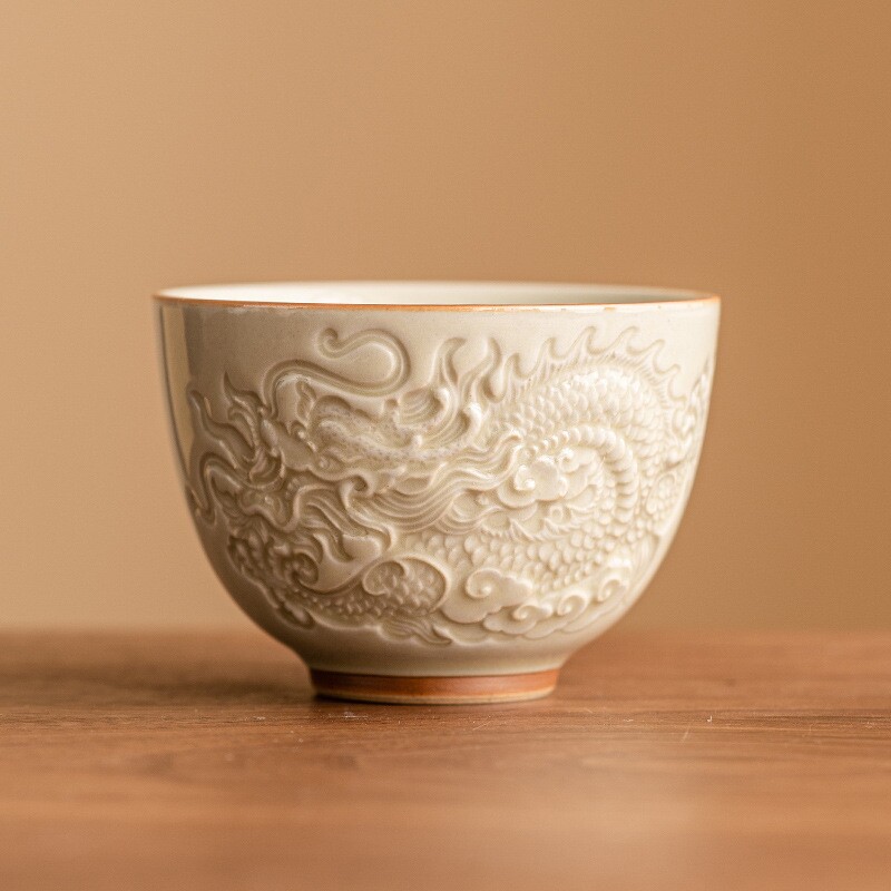 密合釉浮雕祥龙纹茶杯主人杯中式功夫品茗杯高档单个陶瓷茶具杯子