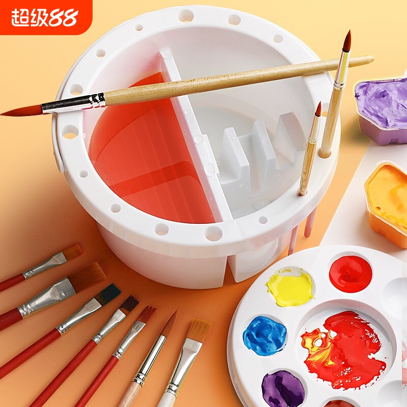 洗笔桶美术水桶美术生专用洗笔筒颜料桶便携水彩水粉画晾笔架油画丙烯国画填色盘色彩儿童美术绘画折叠涮笔桶
