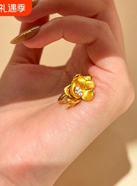 古法拉丝金色芍药花戒指
