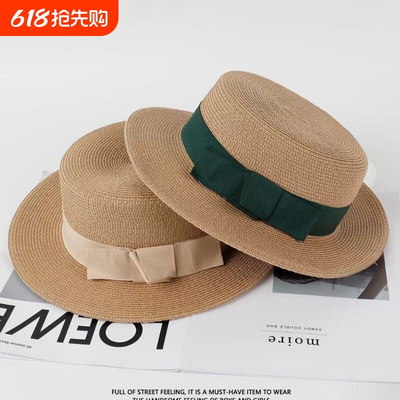 日系草帽女夏天复古平顶小清新礼帽遮阳防晒沙滩帽子出游渔夫帽潮
