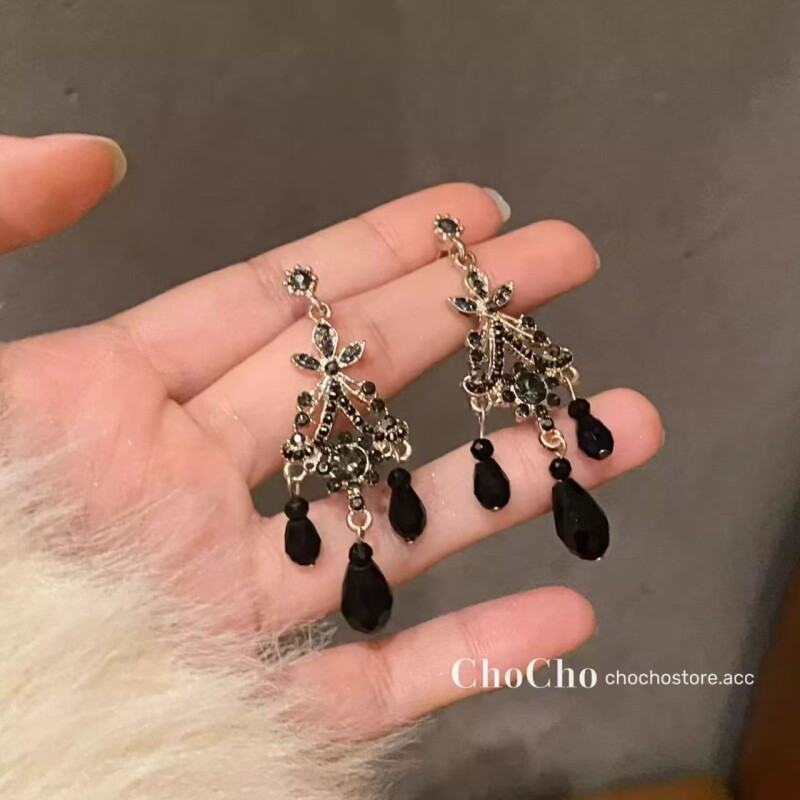 香榭街道 复古宫廷风黑色流苏夸张vintage小众设计高级感耳环