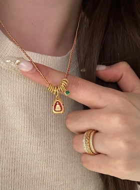 925复古新中式珐琅编织四面佛红绳彩色项链时尚时尚设计感锁骨链