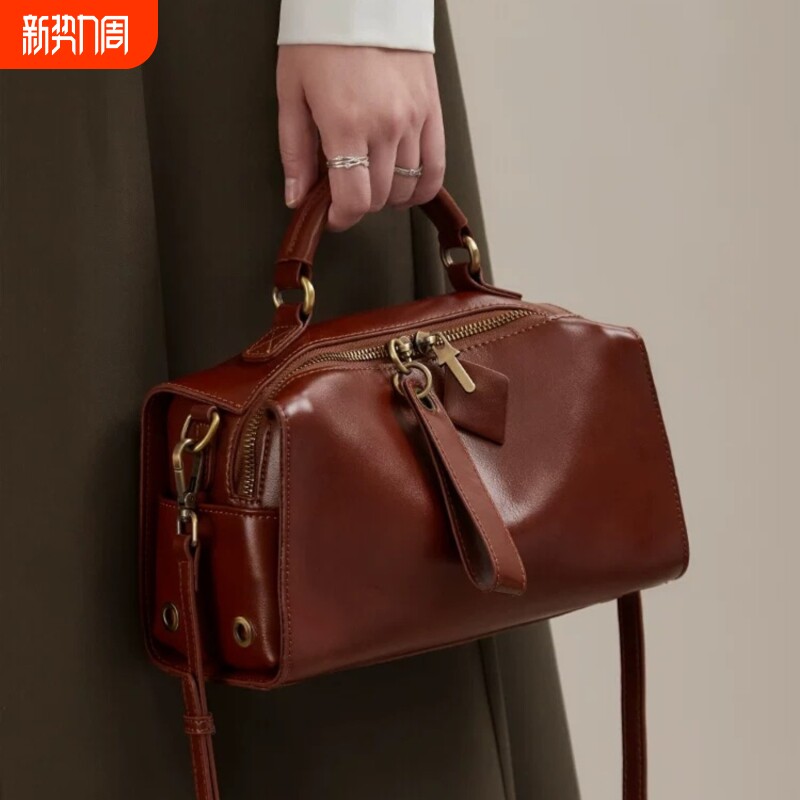 潮流百搭真皮女士手提包小众头层牛皮单肩包女斜挎包波士顿枕头包