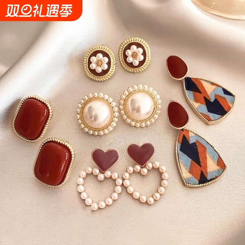 s银针珍珠复古港风女耳饰耳夹酒红耳钉耳环2025新款爆款高级感