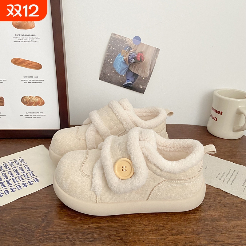 加绒魔术贴板鞋女丑萌冬季新款棉鞋chic小众雪地靴运动小白鞋圆头