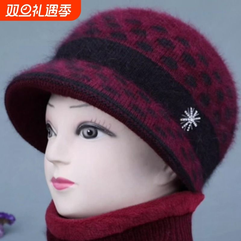冬季女士中老年妈妈毛线帽子老太太加绒保暖加厚鸭舌针织帽老人