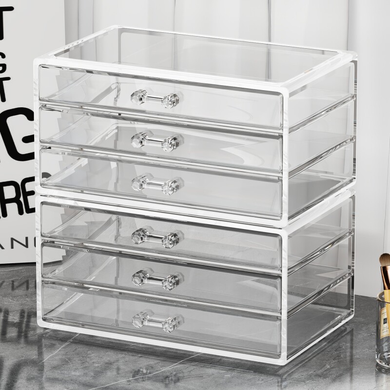 收纳盒桌面透明抽屉式防尘化妆品口红彩妆分类抽拉分层长方形三层