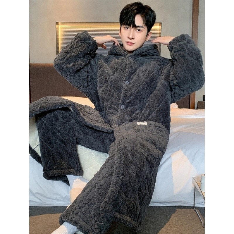 红豆男士睡衣秋冬季珊瑚绒三层夹棉睡袍长款加厚加绒青少年家居服