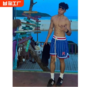 夏季美式运动篮球短裤男女款户外健身网眼刺绣裤子重磅双层五分裤
