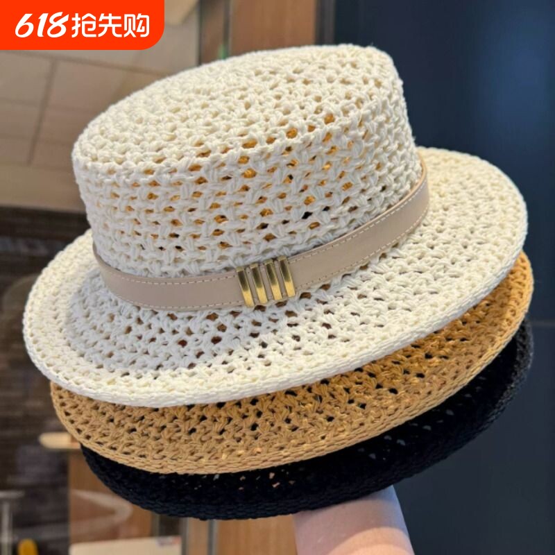 粗线镂空编织平顶帽子女款夏季法式时尚海边沙滩太阳帽遮阳帽草帽