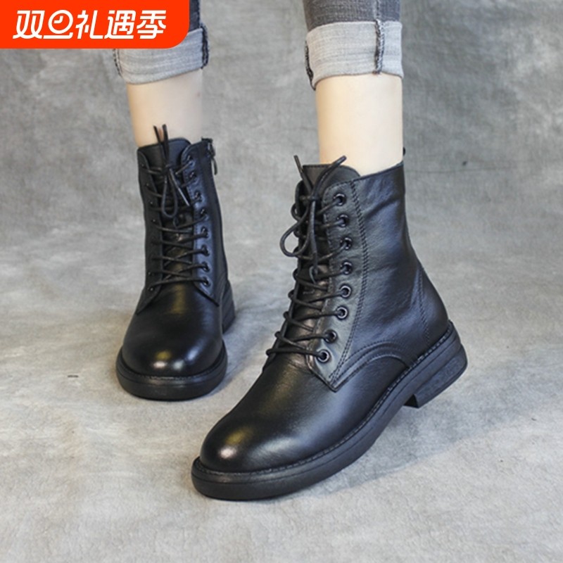 品牌真皮英伦风马丁靴女2025新款春秋时尚百搭平底女靴牛皮黑色
