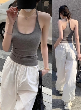 灰色工字吊带背心女内搭夏季带胸垫外穿挂脖无袖运动健身美背上衣
