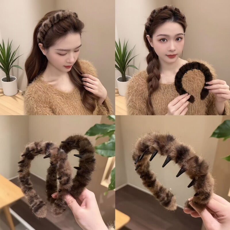 秋冬新款毛绒豹纹带齿防滑发箍洗脸化妆敷面膜头箍发卡高颅顶貂毛