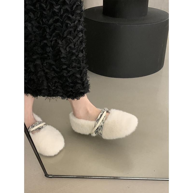 水貂毛平底加绒毛毛鞋女外穿2025秋冬季新款保暖一脚蹬孕妇棉瓢鞋