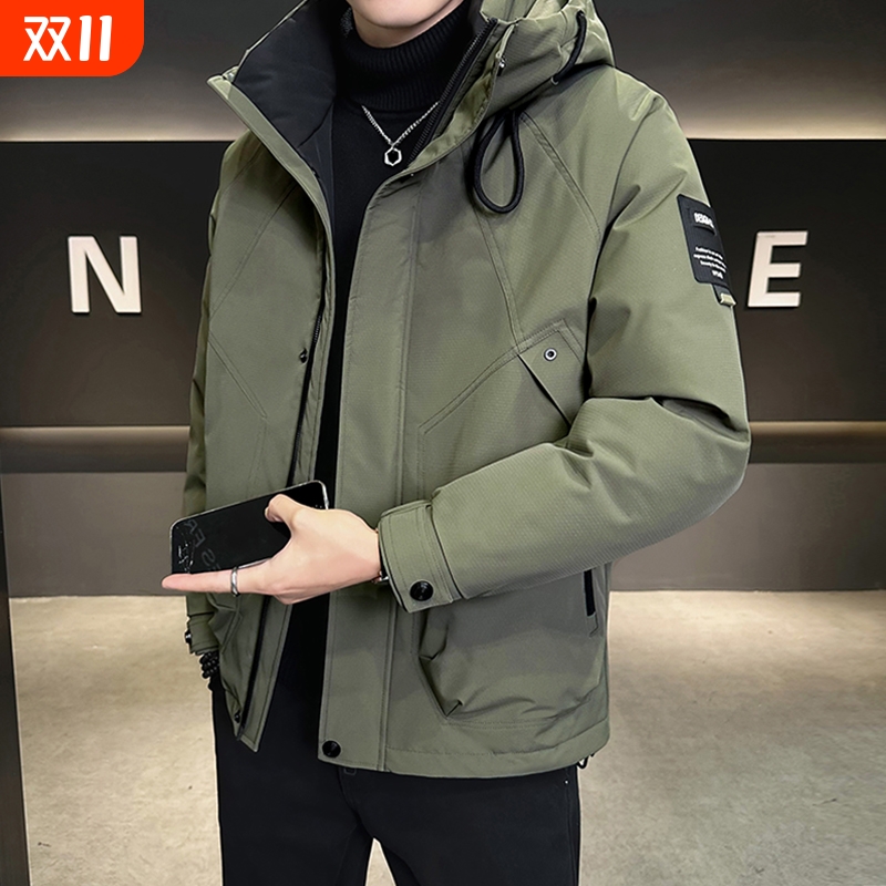 户外冲锋衣男士羽绒服冬季2025新款工装连帽防寒衣服加厚红色可拆