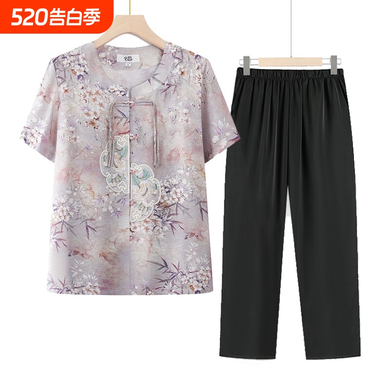 夏天夏装女国风套装妈妈短袖衬衫老人衣服奶奶中老年人两件套上衣