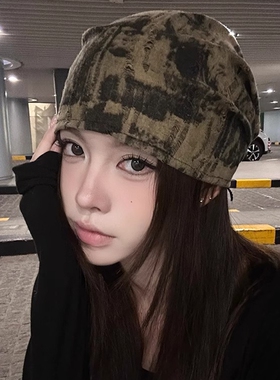 废复古堆堆帽子女秋冬美式辣妹头巾帽显脸小包头帽冷帽迷彩灰色