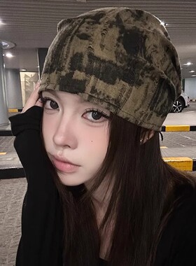 废复古堆堆帽子女秋冬美式辣妹头巾帽显脸小包头帽冷帽迷彩灰色
