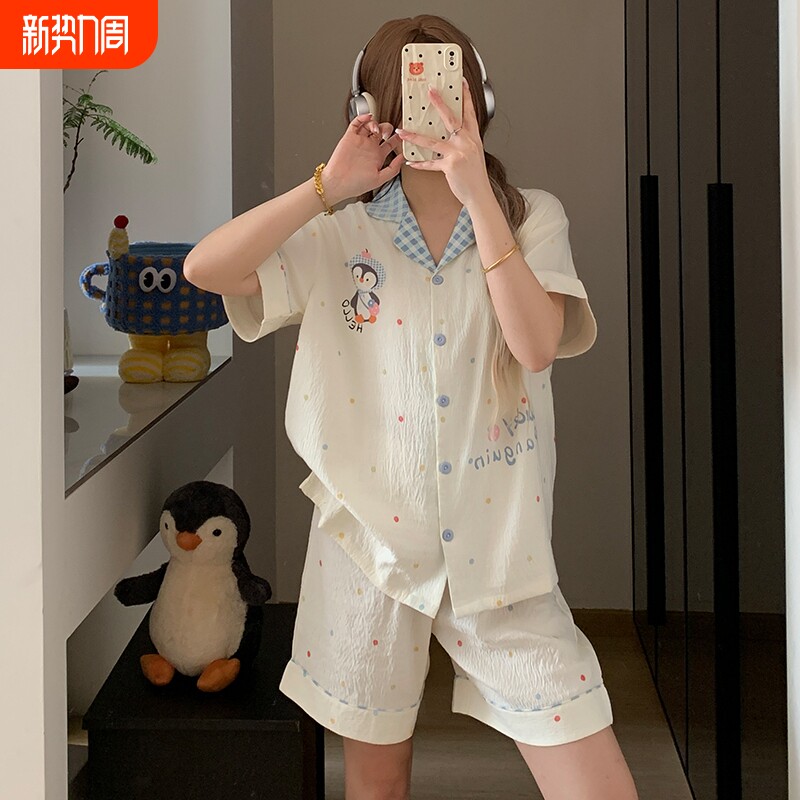 夏季短袖短裤睡衣女生套装可爱企鹅开衫格子云朵棉家居服两件套装