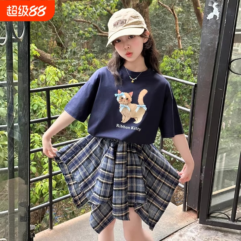 女童夏季套装2025大童儿童洋气新款短袖t恤格子裙裤两件套潮薄款