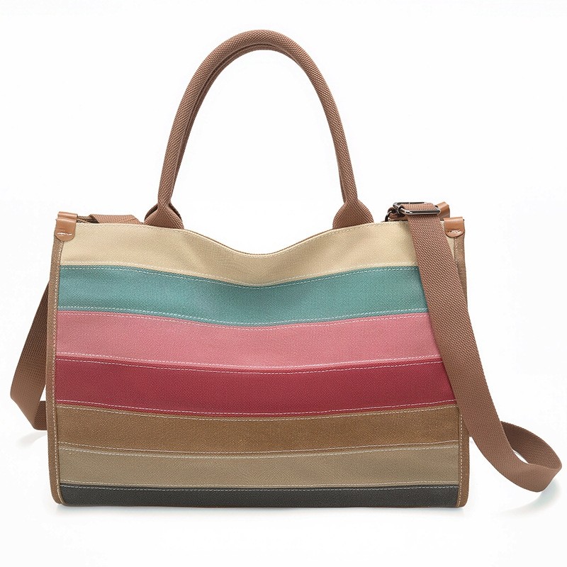 2025帆布条纹女包单肩大包复古斜挎包时尚单肩包女士拼接大容量