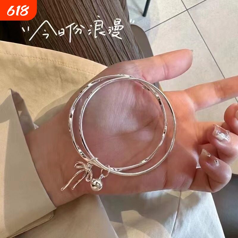 【幂琳】银手镯女纯银9999双环闭口蝴蝶结铃铛足银手镯简约百搭首